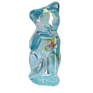 Fenton Aquamarine Glass Grooming Cat Hand Painted Signed J. Cutshaw Blue Floral